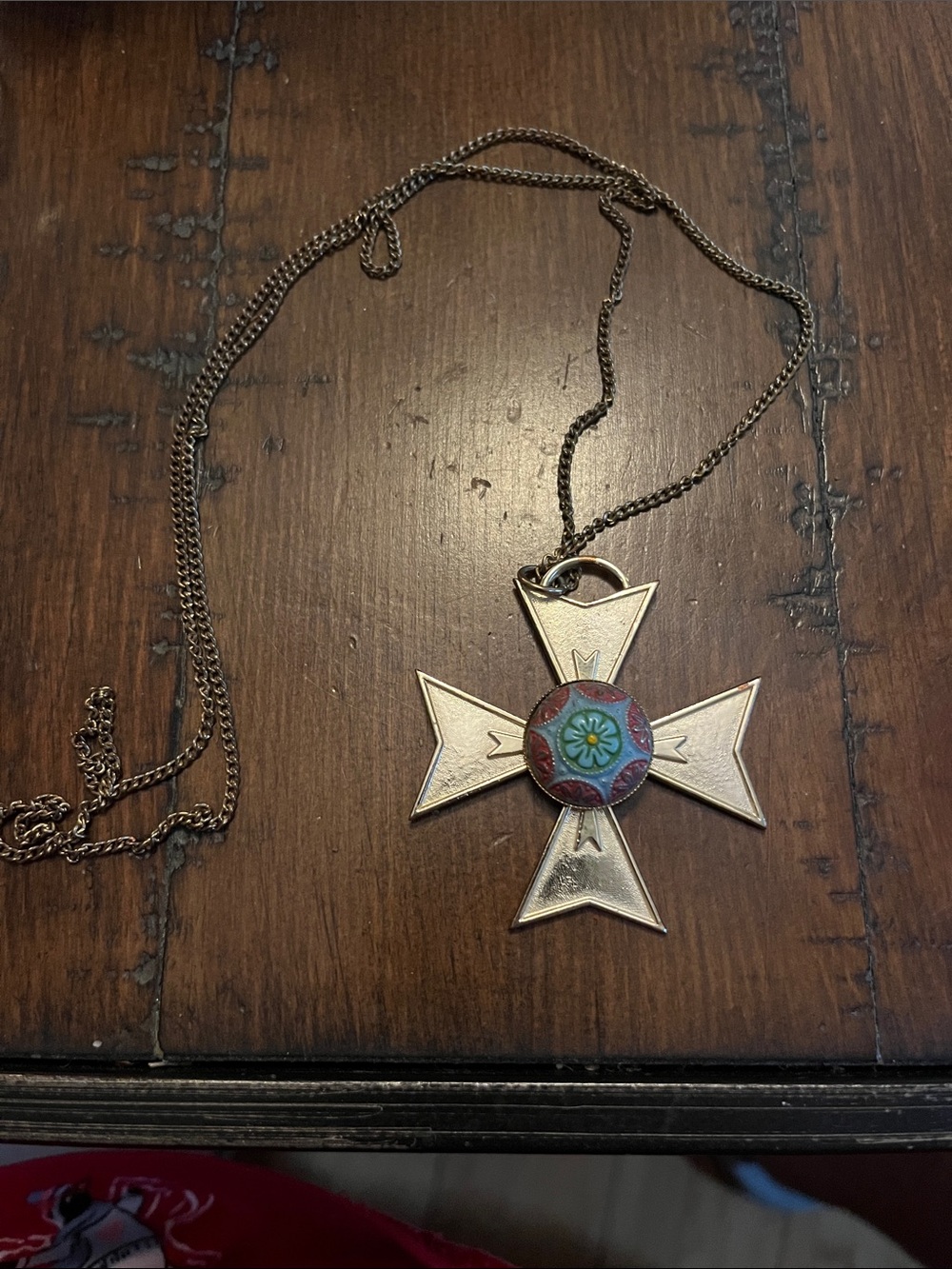 Vintage Fleur Enamel Cross Pendant Necklace - Gold Tone1845